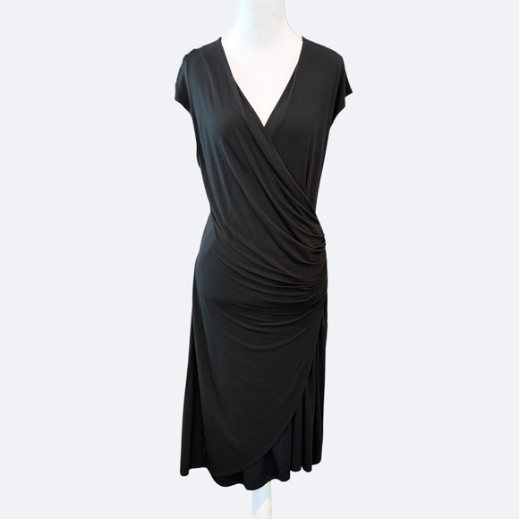 fresh produce Dresses & Skirts - Fresh Produce Women's Black Faux Wrap Dress Size L USA Ruched Stretch Minimalist